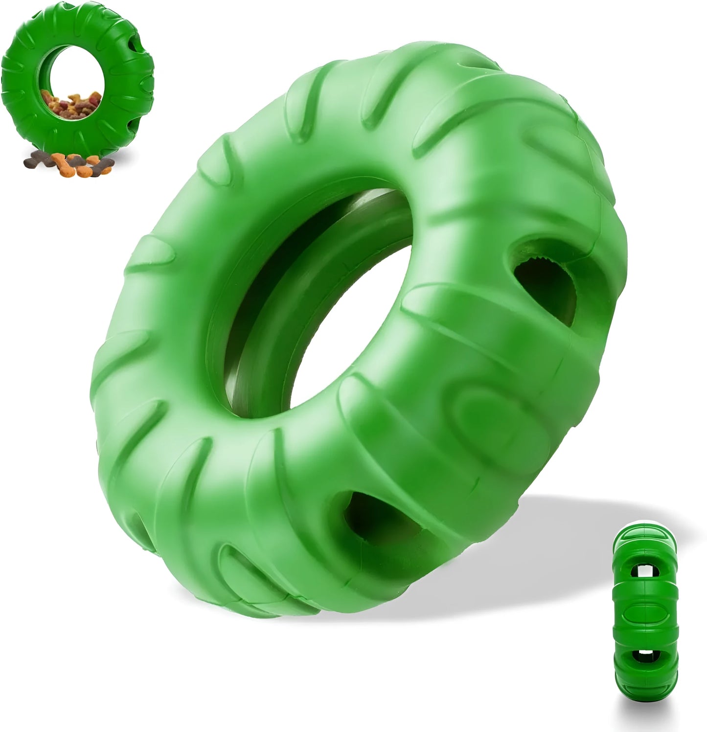 Blue tyre-shaped dog chew toy with oval openings, made from natural rubber for slow feeding