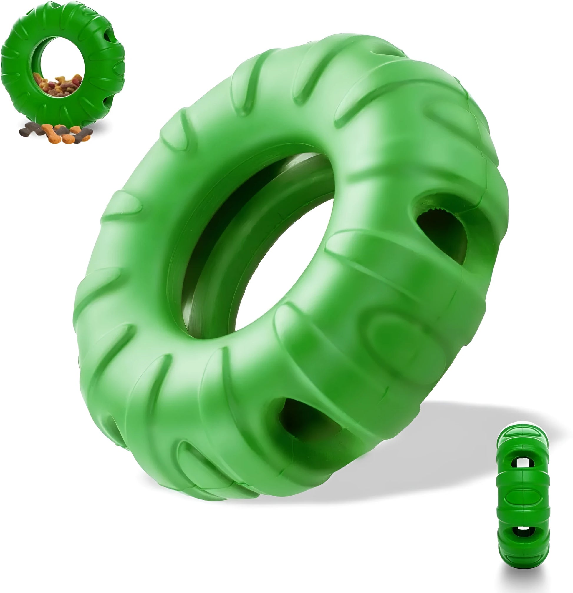 Blue tyre-shaped dog chew toy with oval openings, made from natural rubber for slow feeding