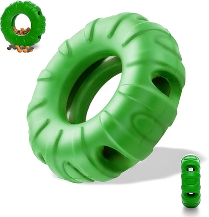 Blue tyre-shaped dog chew toy with oval openings, made from natural rubber for slow feeding