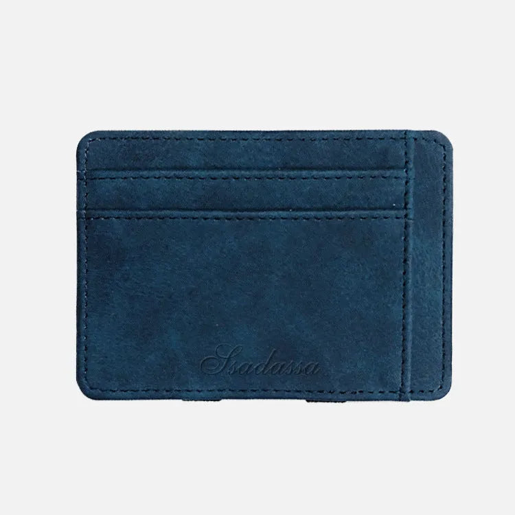 Matte leather magic wallet in horizontal square shape with sewing line detail and coin pocket