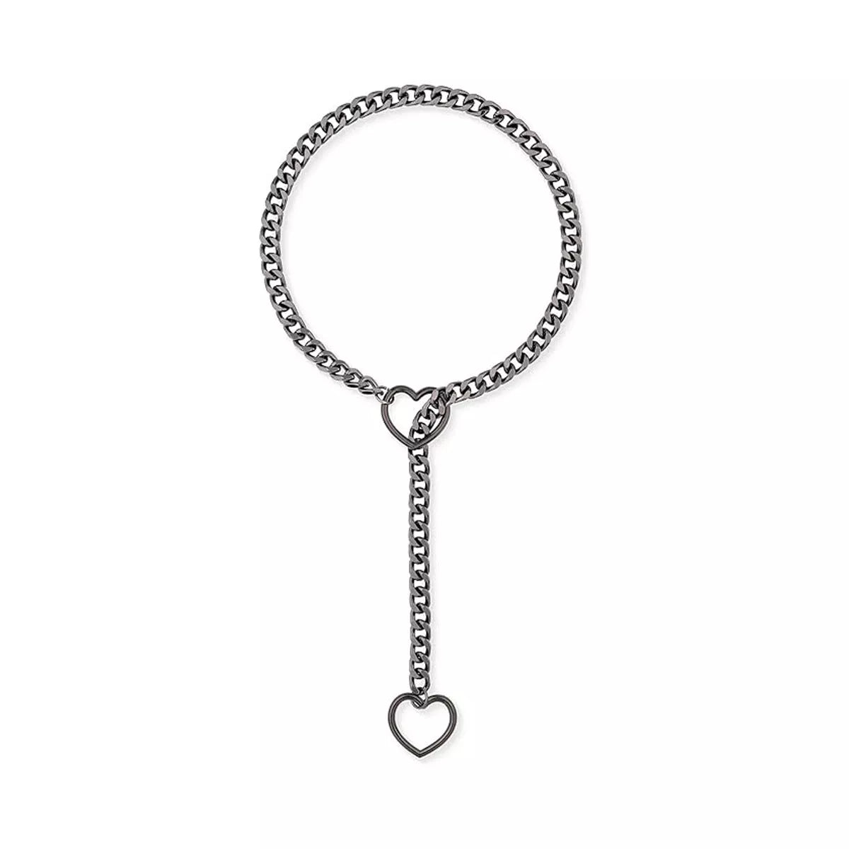 Stainless steel lariat heart necklace with heavy ring and Cuban chain in multiple finishes