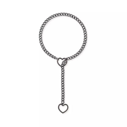 Stainless steel lariat heart necklace with heavy ring and Cuban chain in multiple finishes