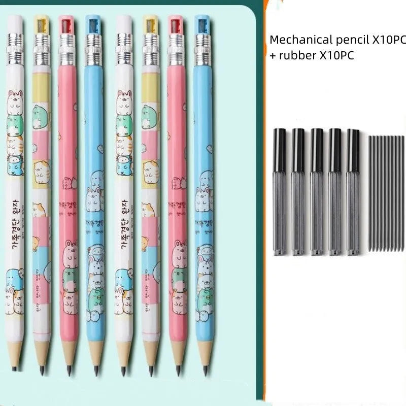 Set of colourful cartoon-designed children's mechanical pencils with 2B lead cylinders and erasers