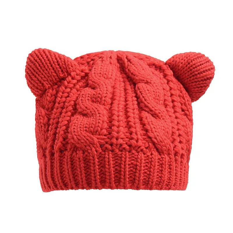 Handmade 3D cat ear knitted beanie in multiple colours showing 25cm width and 22cm height dimensions