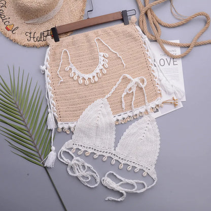 Women's handmade shell bikini swimsuit with lace-up design in apricot colour
