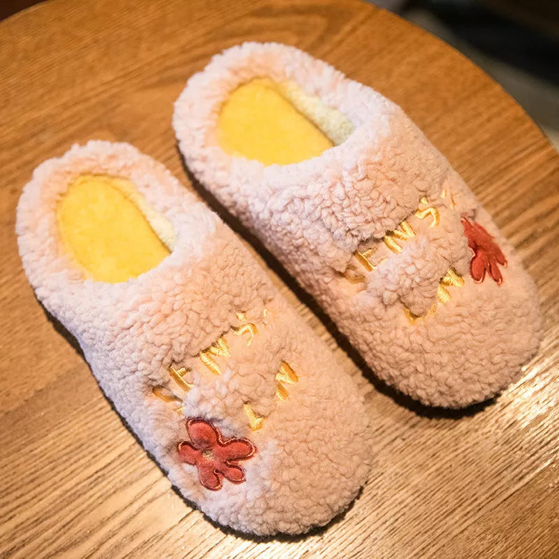 Ins Cute Flower Fleece Slippers for Women - Winter Warm Indoor Non-slip Plush Shoes in various colors