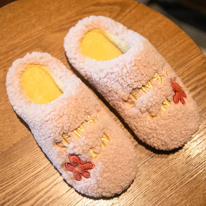 Ins Cute Flower Fleece Slippers for Women - Winter Warm Indoor Non-slip Plush Shoes in various colors