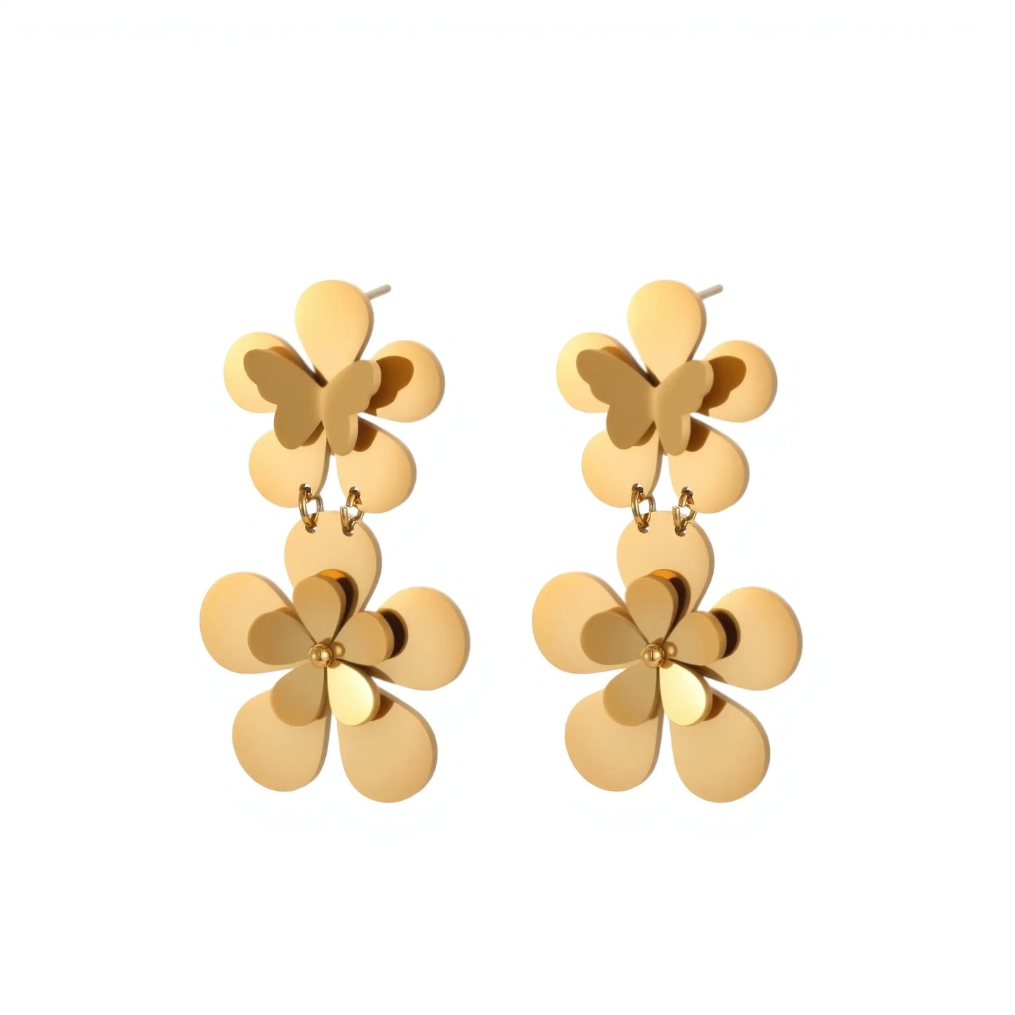Gold electroplated stainless steel flower butterfly earrings for women with geometric and animal zodiac designs