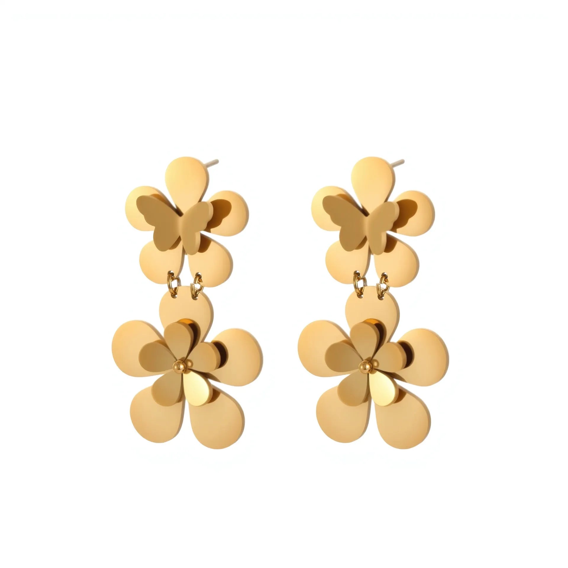 Gold electroplated stainless steel flower butterfly earrings for women with geometric and animal zodiac designs