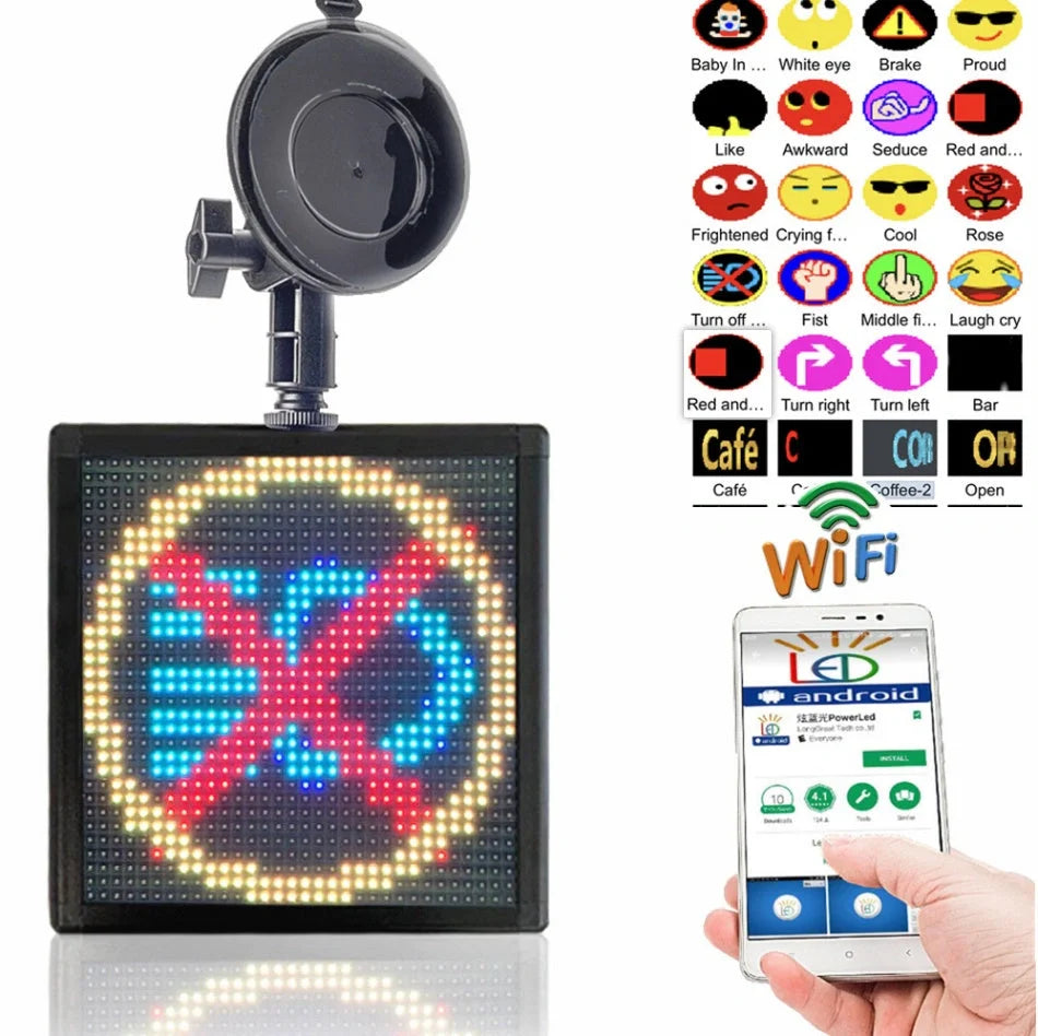 Car Rear Window LED Emoticon Screen displaying vibrant seven-color message
