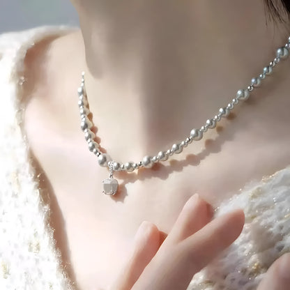 Bubble Cube Candy clavicle chain jewellery set with Imitation Pearl and zircon in white or grey