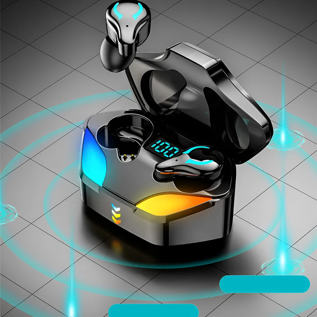 Black wireless Bluetooth gaming headset with in-ear earplug design showing battery display and call functions