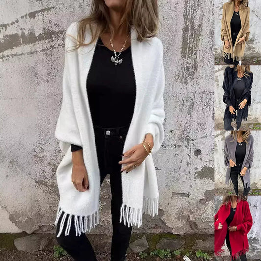 Women's Knitted Batwing Sleeve Cardigan with Tassel Design in various colors