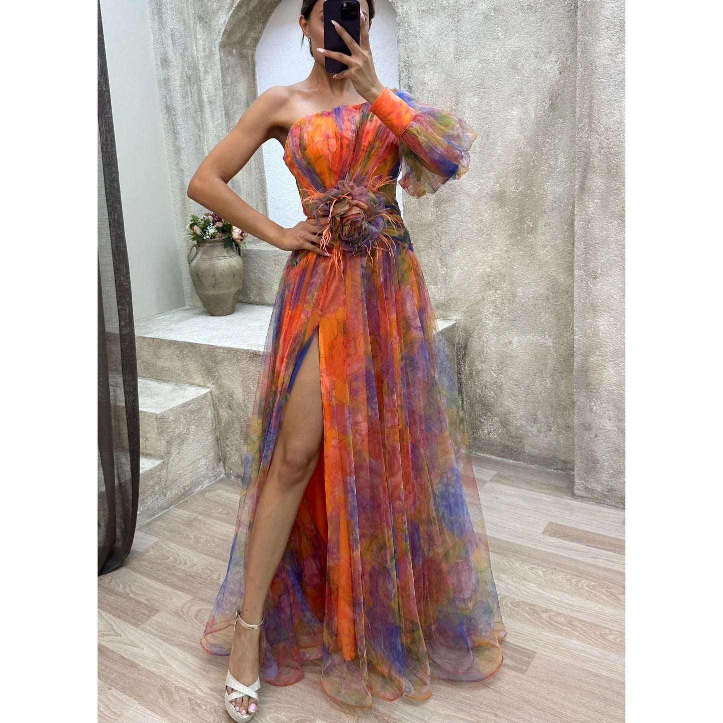 Mesh Tie-dye Printed Off-shoulder Slit Dress in vibrant colors for summer fashion