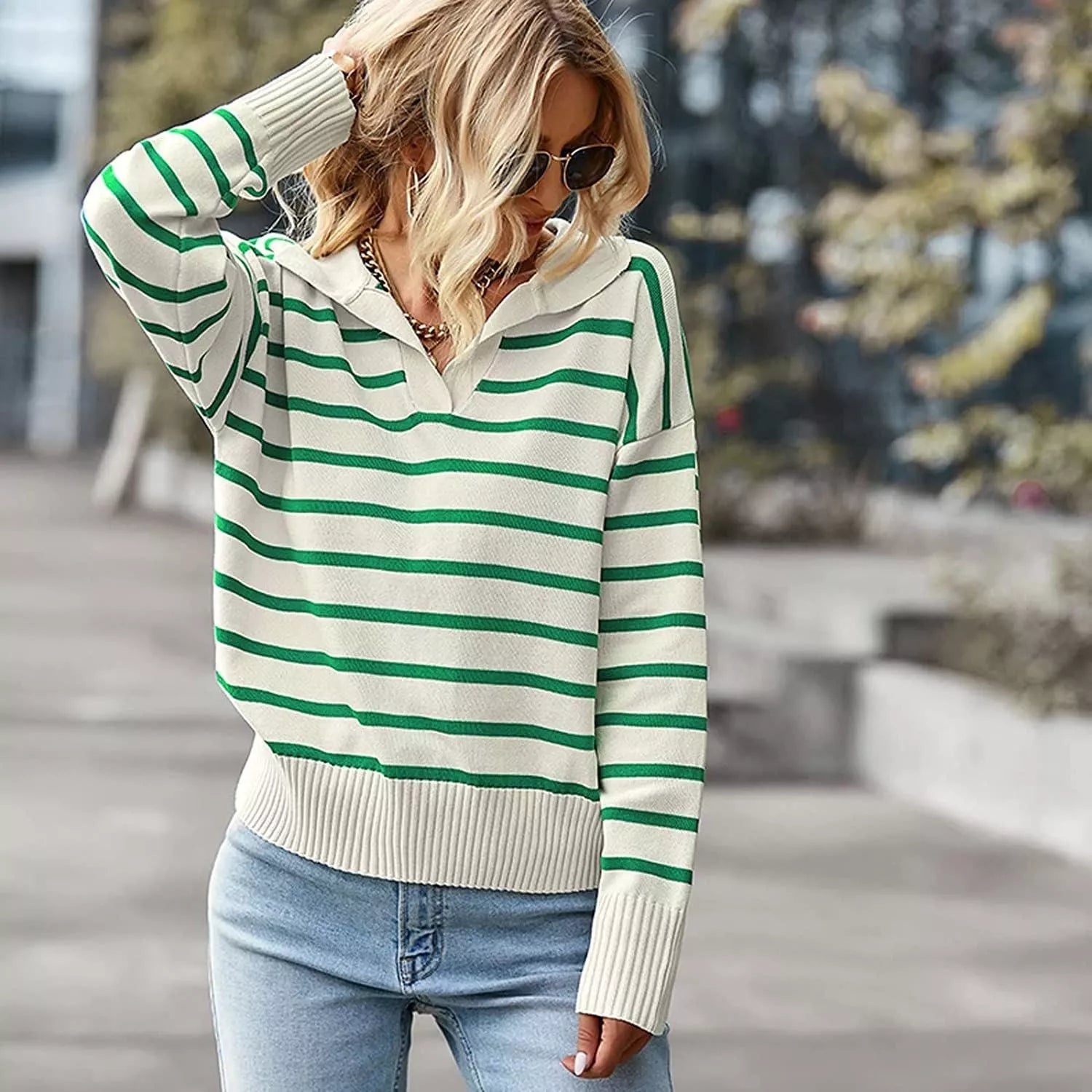 Women's V-neck lapel striped sweater in blue, red, green, and black