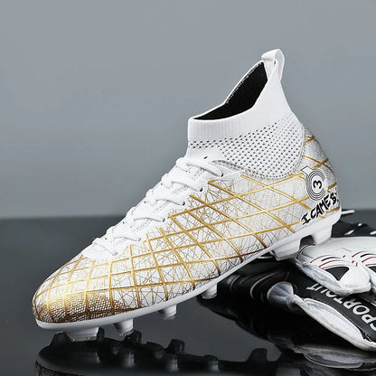 Pair of football boots with rubber studded sole, tall crown upper and front laces, for natural lawn and artificial grass
