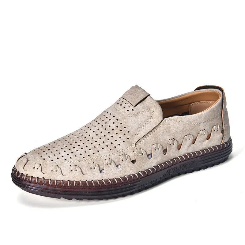 Men's brown slip-on casual shoes with round toe and flat sole shown on a white background
