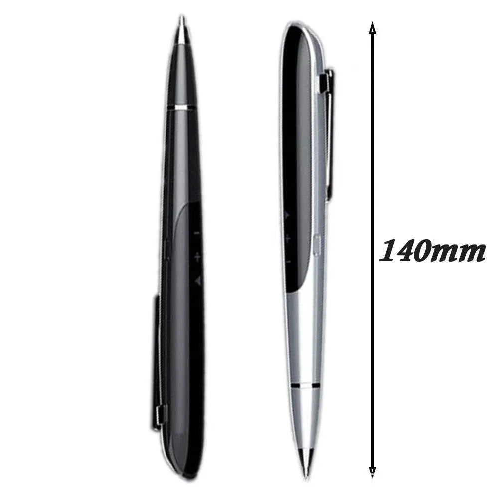 Black digital recording pen with OLED display screen showing recording time, next to included headphones and USB cable.