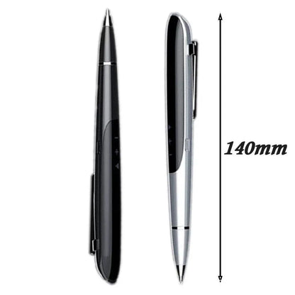 Black digital recording pen with OLED display screen showing recording time, next to included headphones and USB cable.