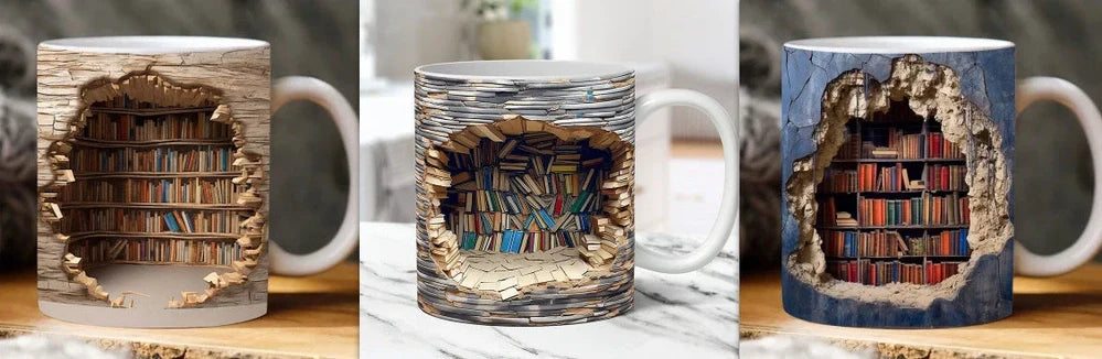 3D bookshelf ceramic mug in colour A, 9.8x8cm, 350ml capacity with handle for book lovers