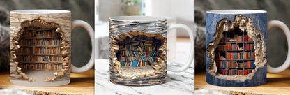 3D bookshelf ceramic mug in colour A, 9.8x8cm, 350ml capacity with handle for book lovers
