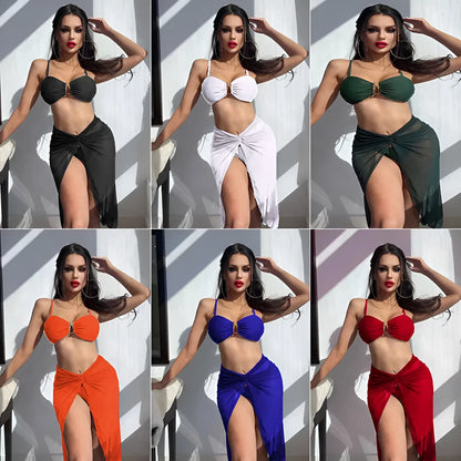 Three-piece bikini set with long culottes skirt in French style solid colour design