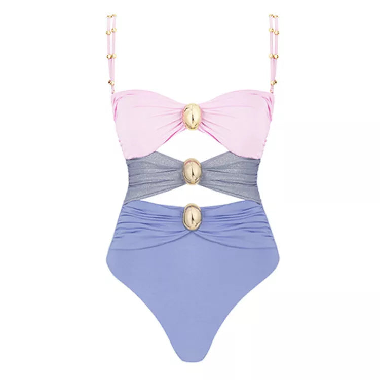 Women's one-piece swimsuit with round buckle decoration and hollow out stitching in various colors