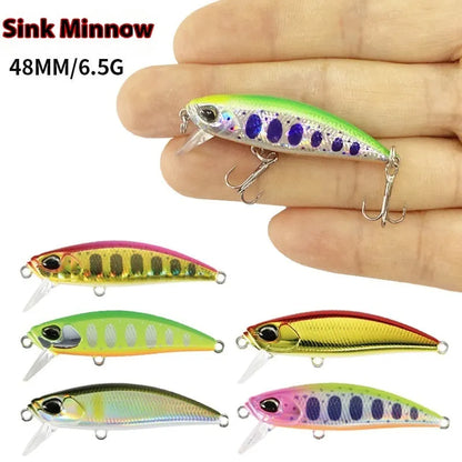 Japanese fishing lure with submerged mino design, 48mm length, 6.5g weight, shown in multiple colour variations