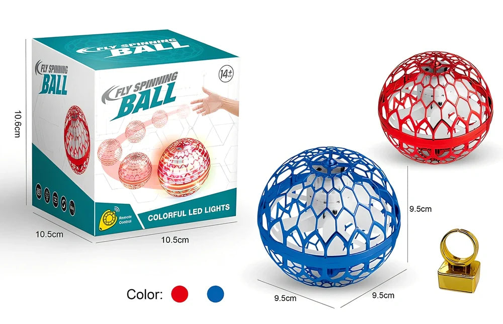 Magic Flying Ball interactive toy showing 9.5cm cube design with remote control and ring attachment options