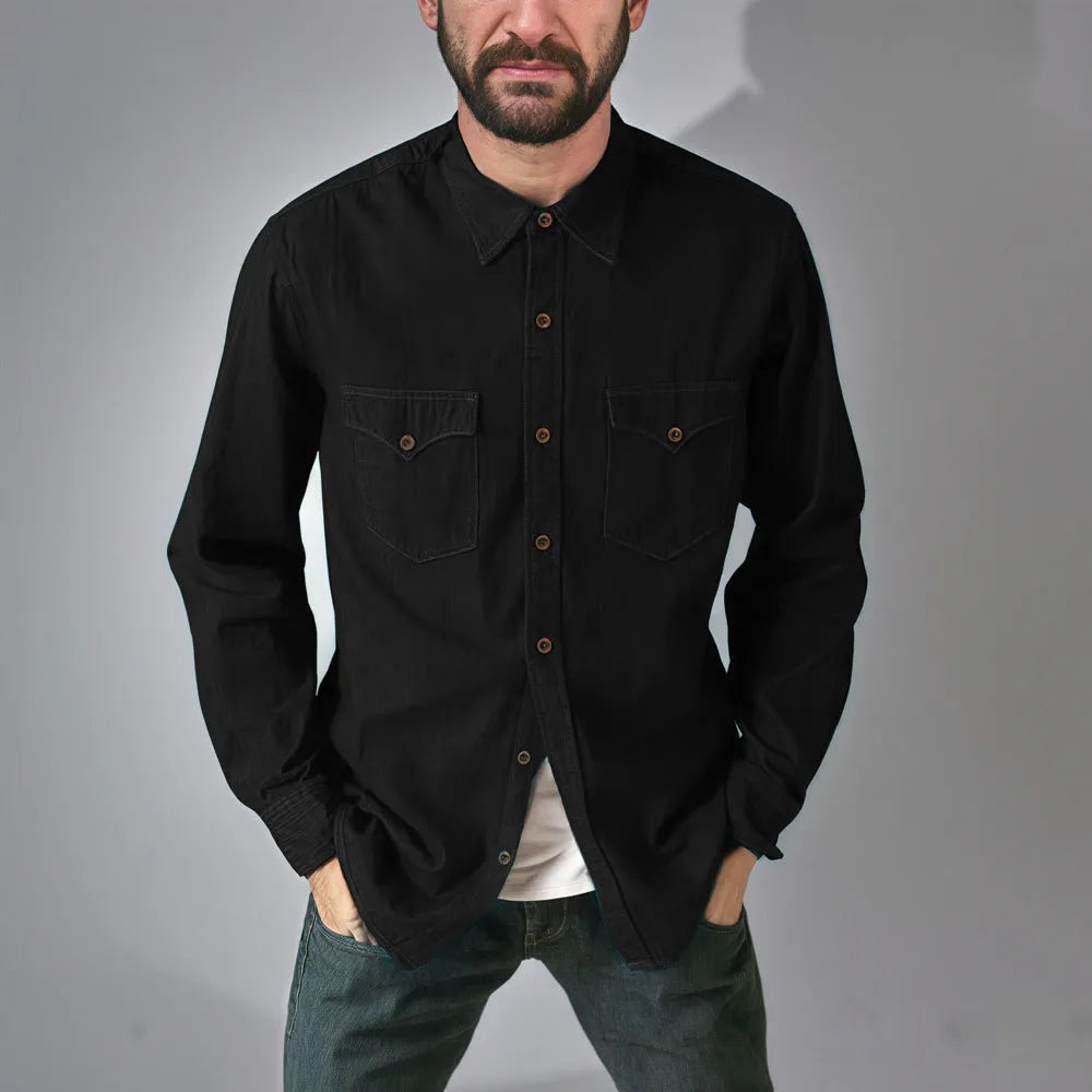 Denim cardigan coat in cotton fabric showing front opening and regular fit design