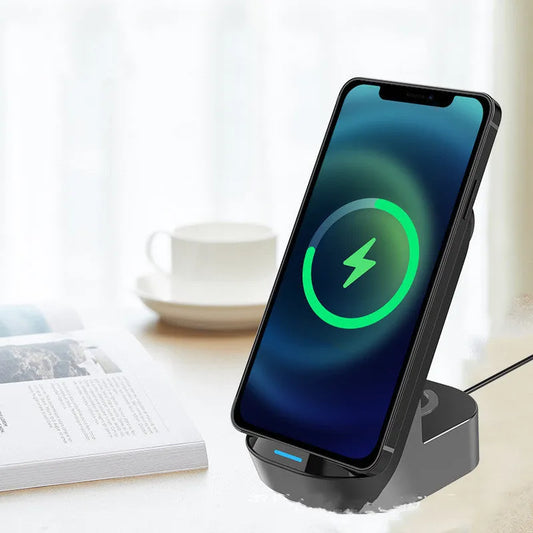 Black grey foldable 3-in-1 wireless charger vertical stand with 15W fast charging for phones