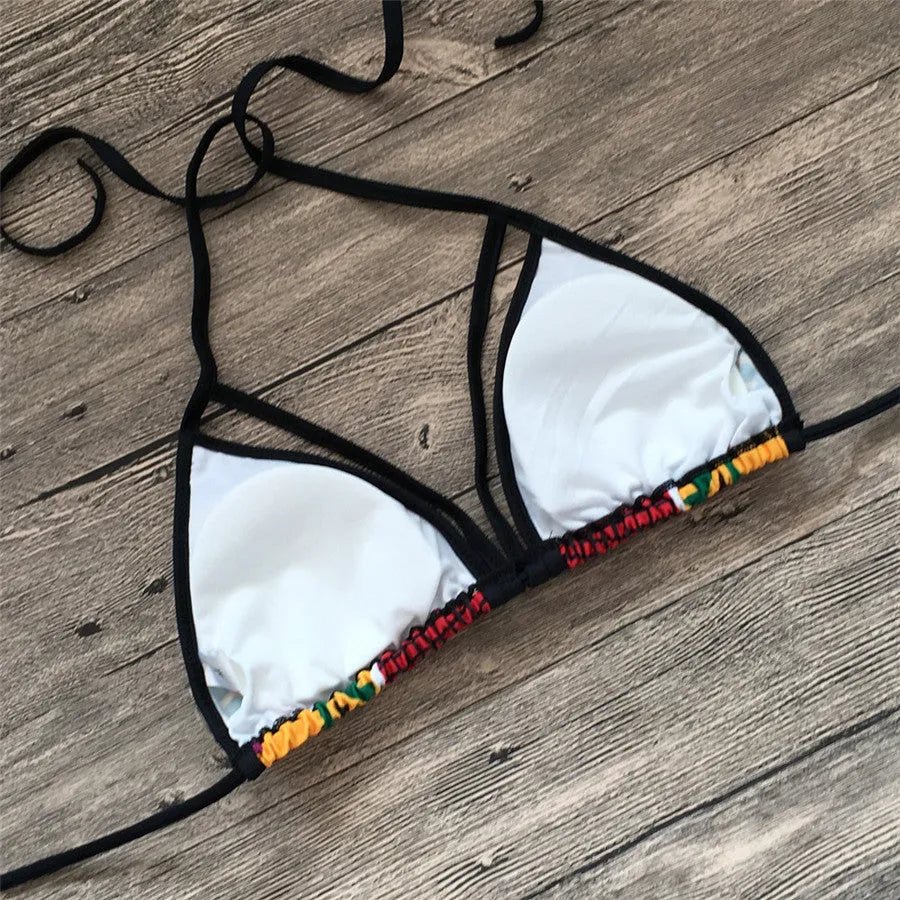 Women's digital print split bikini swimsuit with high-waist briefs and backless design