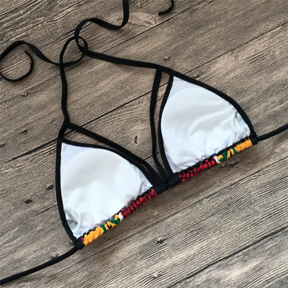 Women's digital print split bikini swimsuit with high-waist briefs and backless design