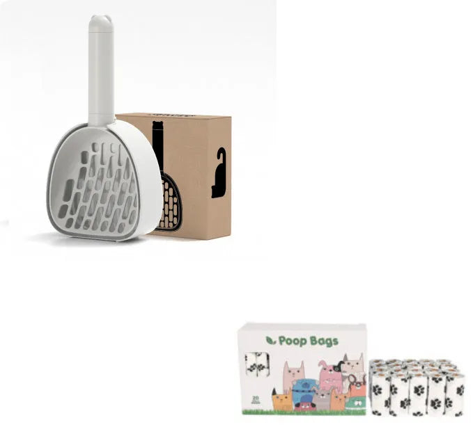 White ABS plastic cat litter scoop with storage base and hidden bag compartment