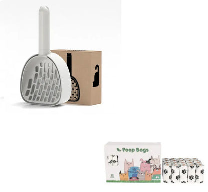 White ABS plastic cat litter scoop with storage base and hidden bag compartment