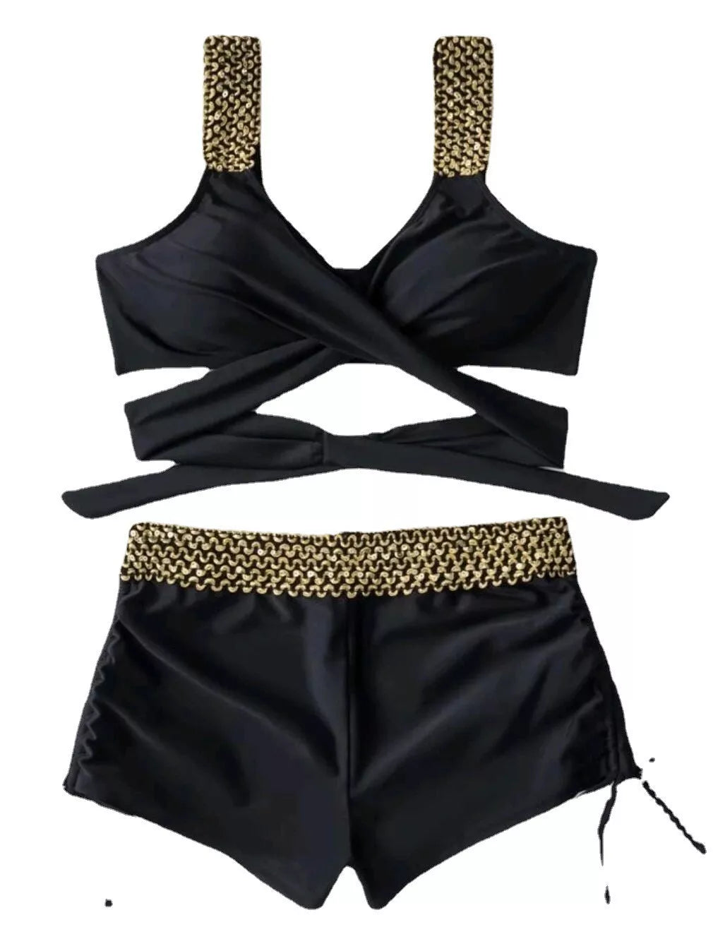 Solid color high waist bikini for women in black, featuring a bra and shorts set made from durable nylon.