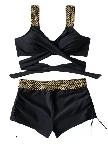 Solid color high waist bikini for women in black, featuring a bra and shorts set made from durable nylon.