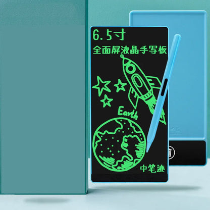 Blue student LCD handwriting board with 6.5 inch screen and stylus on a desk.