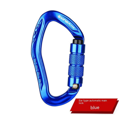 Automatic master lock climbing carabiner in silver, shown with gate open and closed.