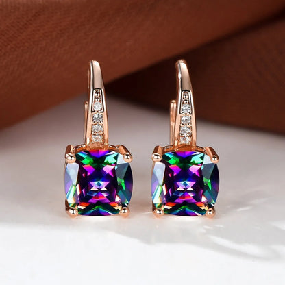 Square zircon inlaid ear hook earrings with geometric design and electroplated finish in golden tone