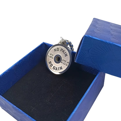 Stainless steel barbell disk geometric pendant necklace with polished finish and chain options