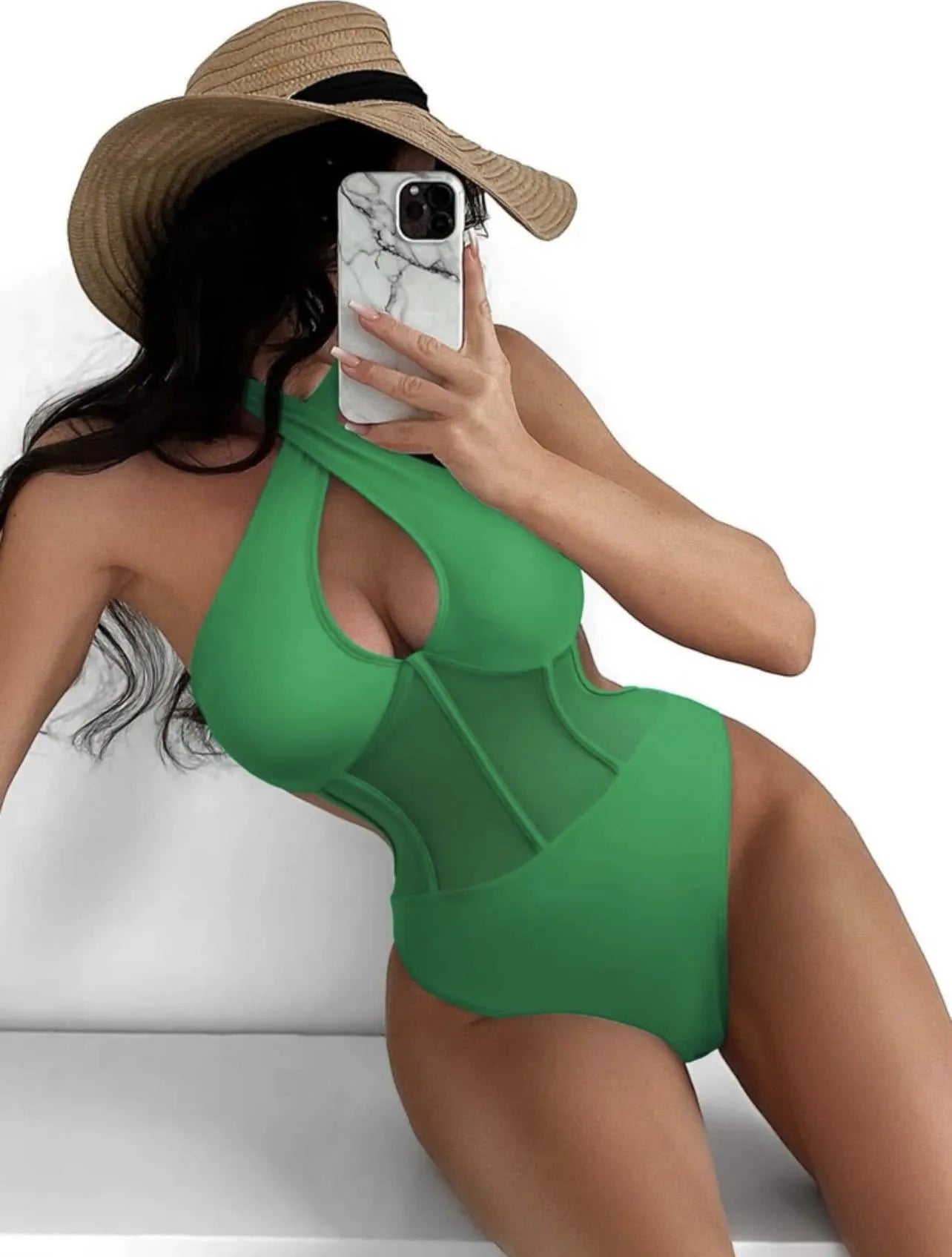 Women's one-piece swimsuit bikini in black, rose red, or green colour made from nylon-spandex fabric