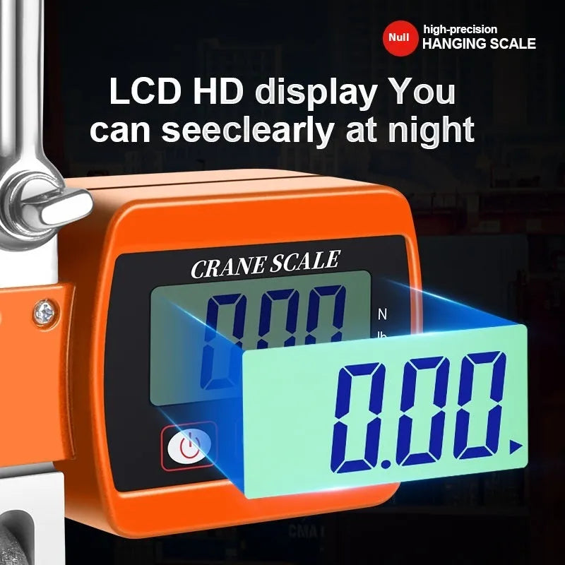 Blue electronic digital hook scale displaying weight, with hook for weighing items.
