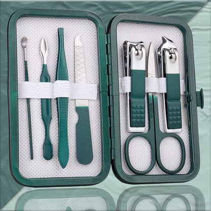 Professional stainless steel manicure set with emerald green case