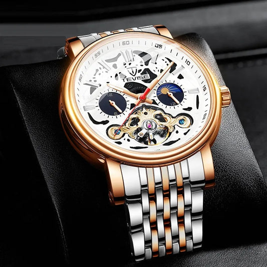Men's tourbillon mechanical watch showing 16.5mm thickness with luminous hands and waterproof construction