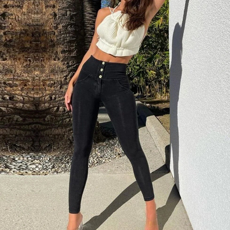 Black women's high waist button-up jeans with super elastic fabric