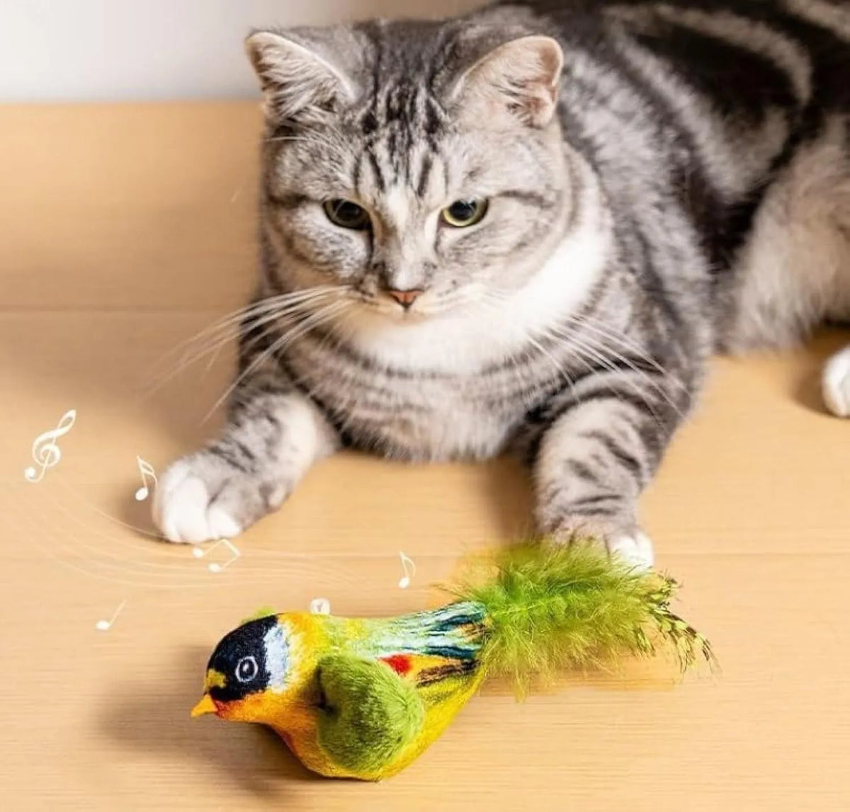 Flappy Chase Cat Toy interactive chirping sparrow with flapping wings and shaking motion in Blue, Gray, or Green.