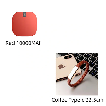 Red 10000 mAh mini power bank with digital display showing battery percentage, measuring 90x64x24mm