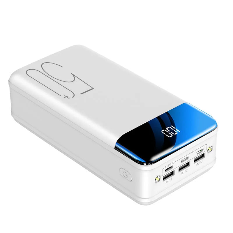 Black or white 50000mAh power bank with three USB output ports, measuring 169x83x52mm