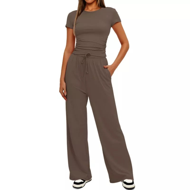 Women's 2-piece solid color yoga set with short-sleeve top and high-waisted pants
